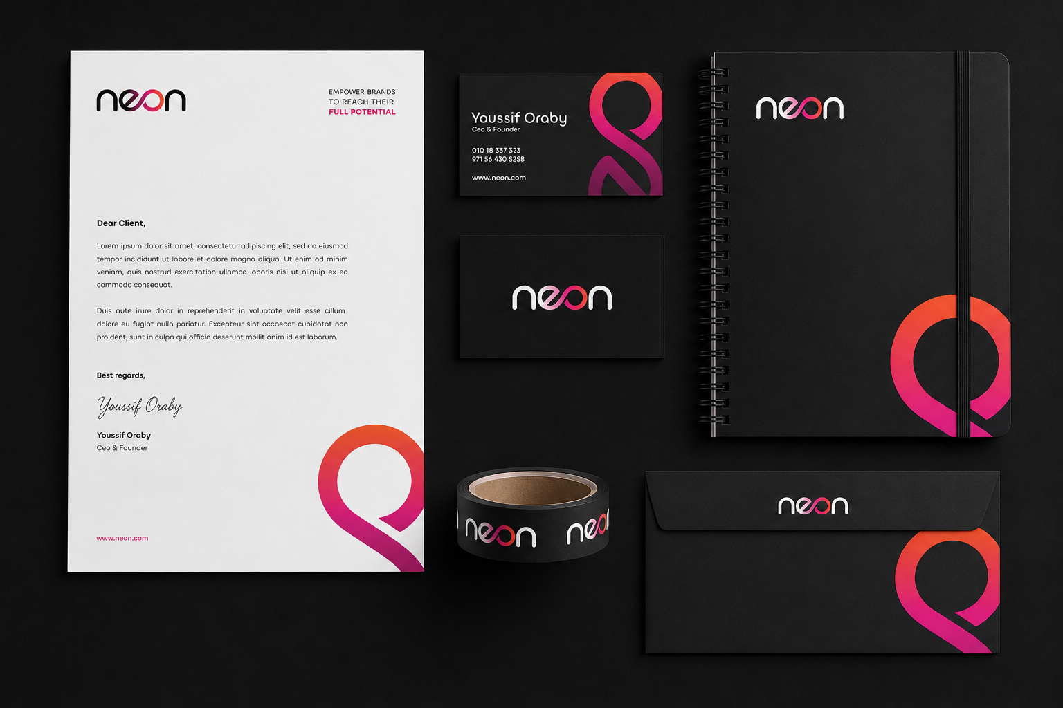 The original Neon brand identity across stationery and printed materials