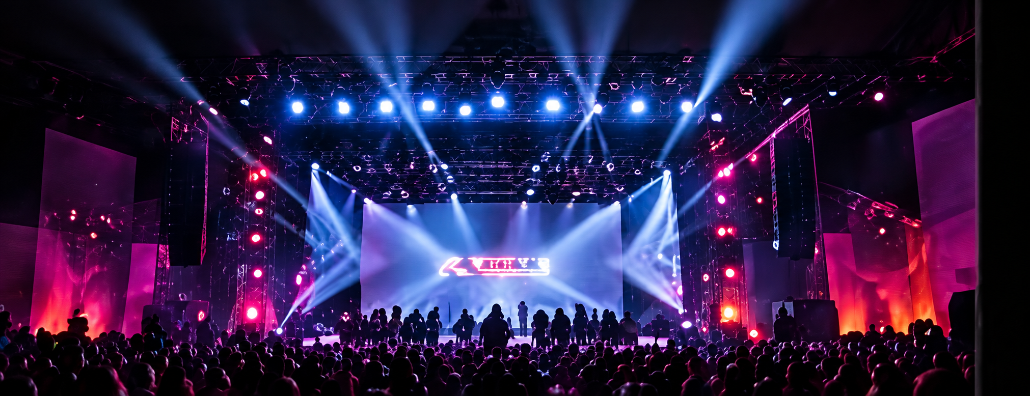 Festival stage with dramatic blue lighting